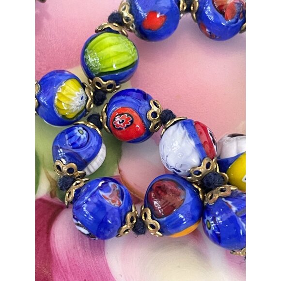 Vintage 1950s Italy Millefiori Hand knotted Glass Blue Beaded Necklace - Picture 8 of 16